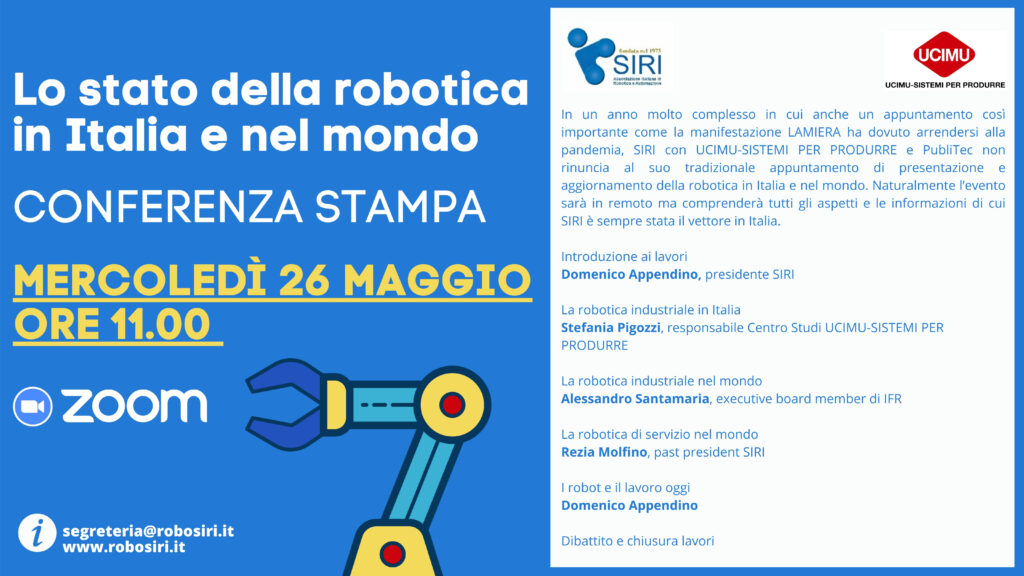 Lo stato della robotica in Italia e nel mondo, 26 maggio 2021, disponibili le presentazioni