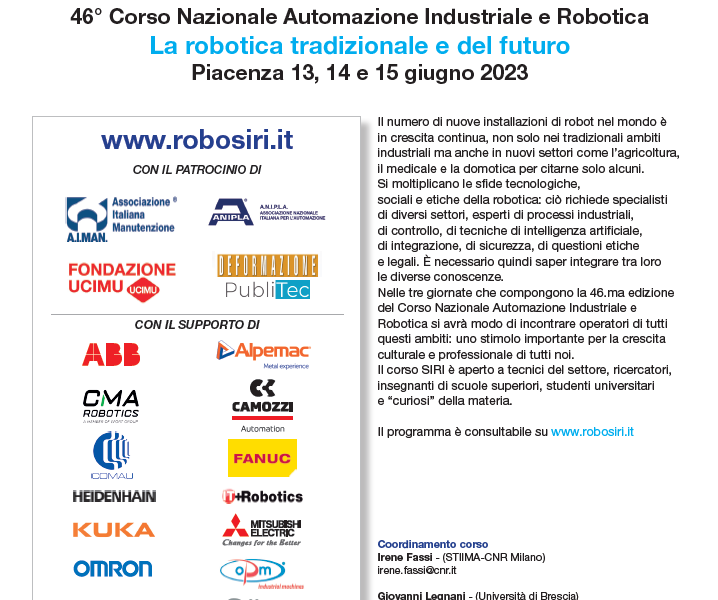 46° Corso Nazionale di Automazione Industriale e Robotica – Piacenza – giugno 2023