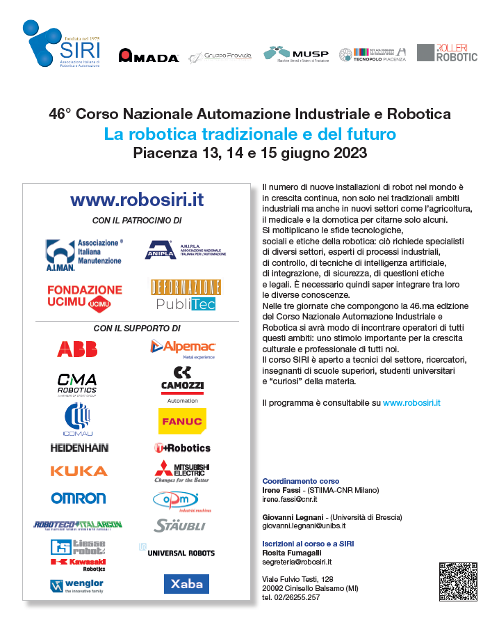 46° Corso Nazionale di Automazione Industriale e Robotica – Piacenza – giugno 2023