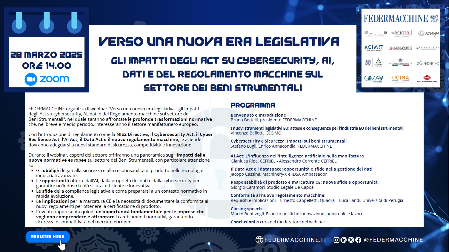 “Verso una nuova era legislativa – gli impatti degli Act su cybersecurity, AI, dati e del Regolamento macchine sul settore dei  Beni Strumentali”, 28 marzo 2025