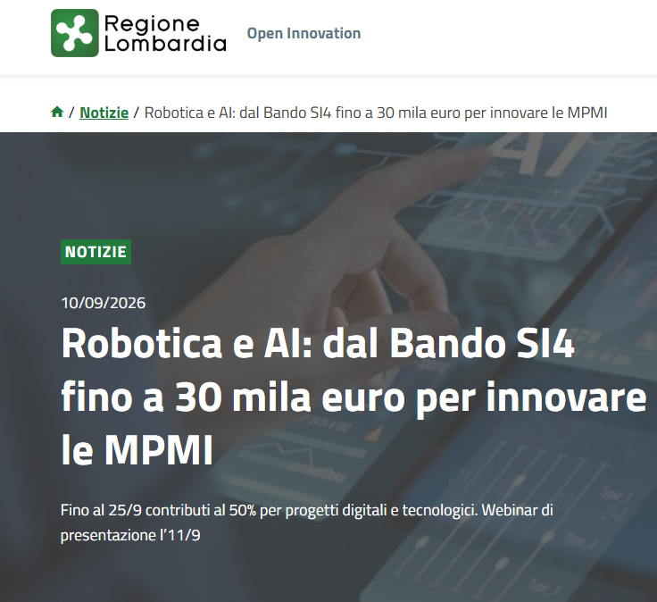 Robotica e AI: contributi fino a 30.000 euro per le MPMI lombarde